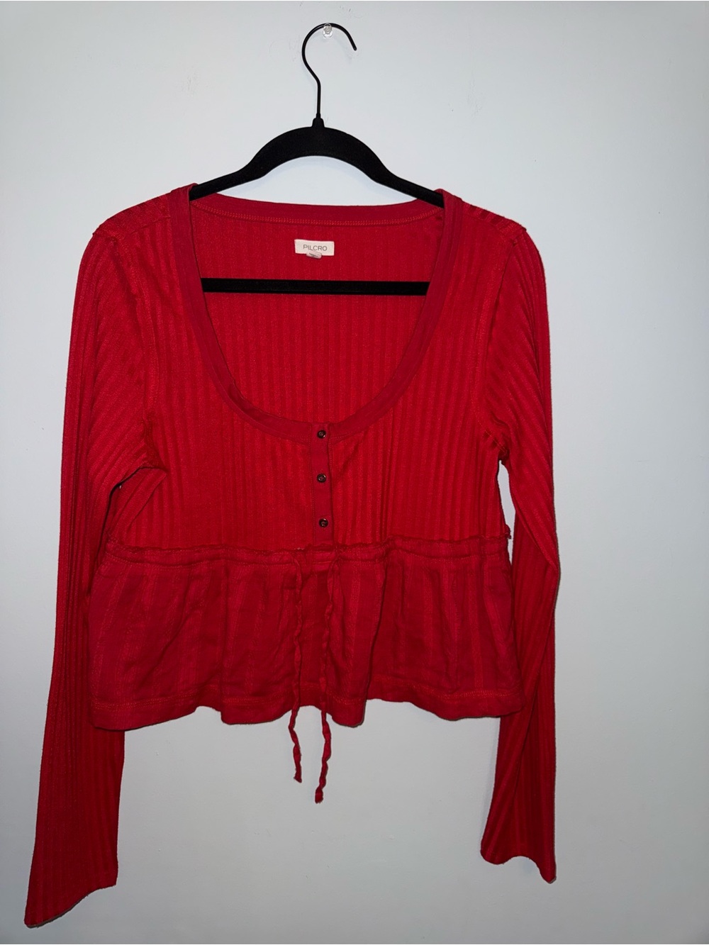 Pilcro Red Ribbed Button-Front Long Sleeve Top